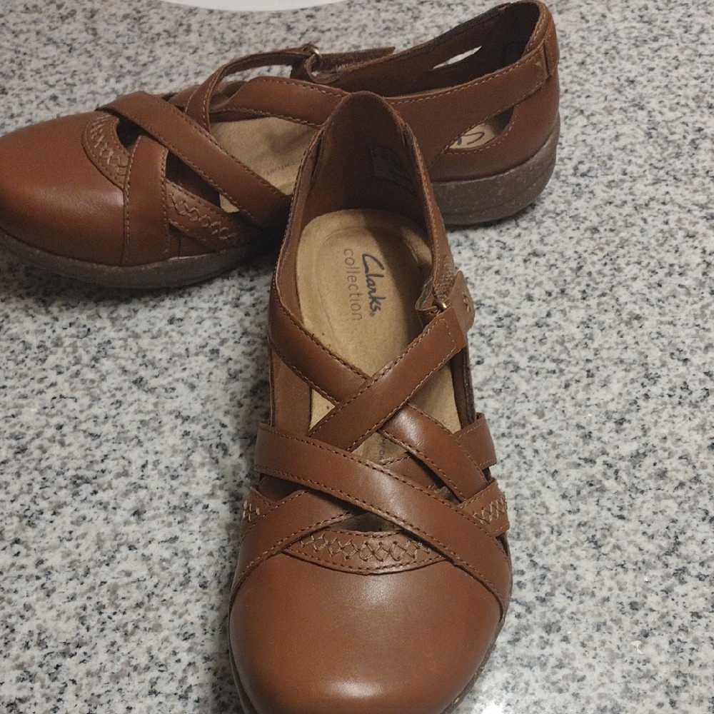 Clarks Brown Leather Crisscross Strap Flats